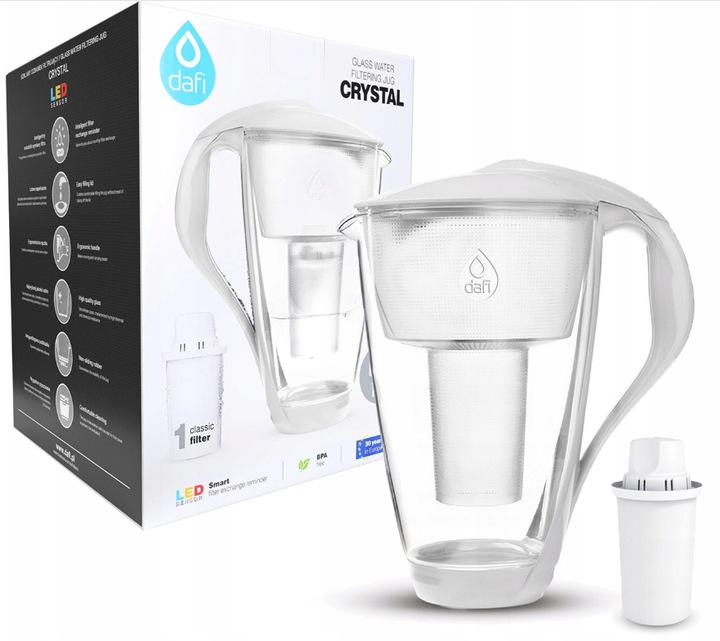 Dzbanek filtrujący szklany Dafi Crystal LED biały + 1 filtr Classic