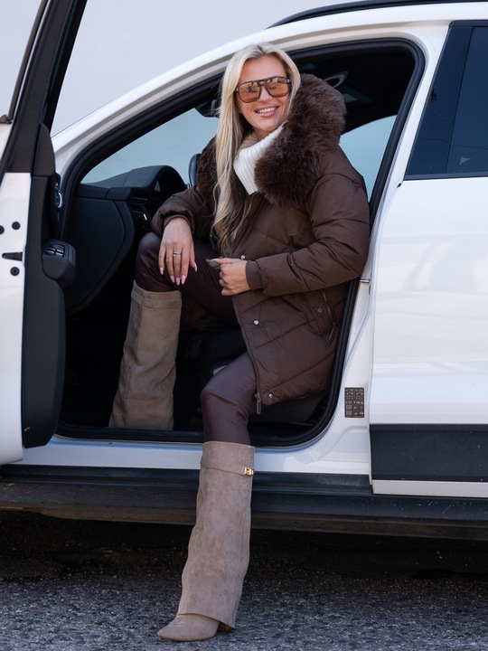 LEXI Klasyczna Luźna KURTKA Damska Pikowana Kaptur Z Futerkiem