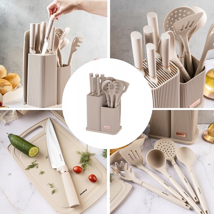 Komplet 5 Noży + Zestaw 5 przyborów kuchennych + deska do krojenia + Stojak