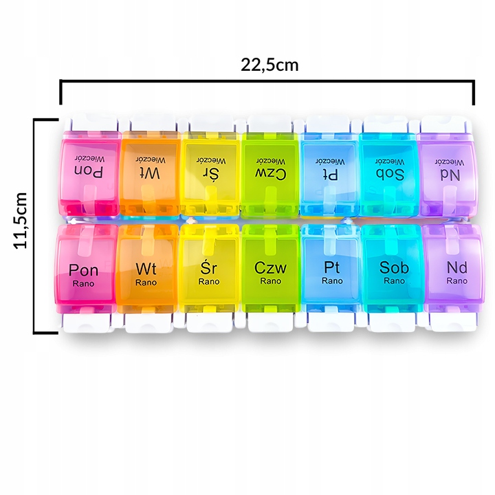 PUDEŁKO NA LEKI 14 POJEMNIKÓW KOLOROWE 7 DNI NAPISY PL