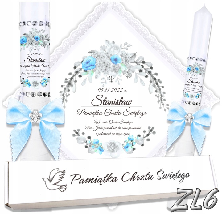 Biała szatka i świeca do chrztu ECO imię i data BOHO gromnica pudełko