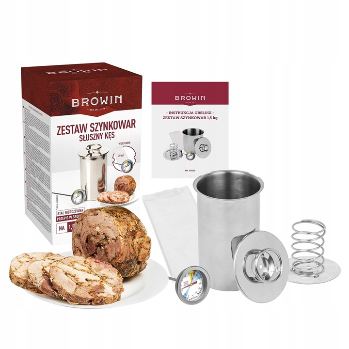 BROWIN SZYNKOWAR do WYROBU WĘDLIN na 1,5KG MIĘSA+TERMOMETR+WORECZKI ZESTAW