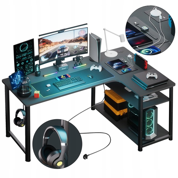 Biurko Gamingowe Narożne z półką i portem ładowania USB na Czarnym