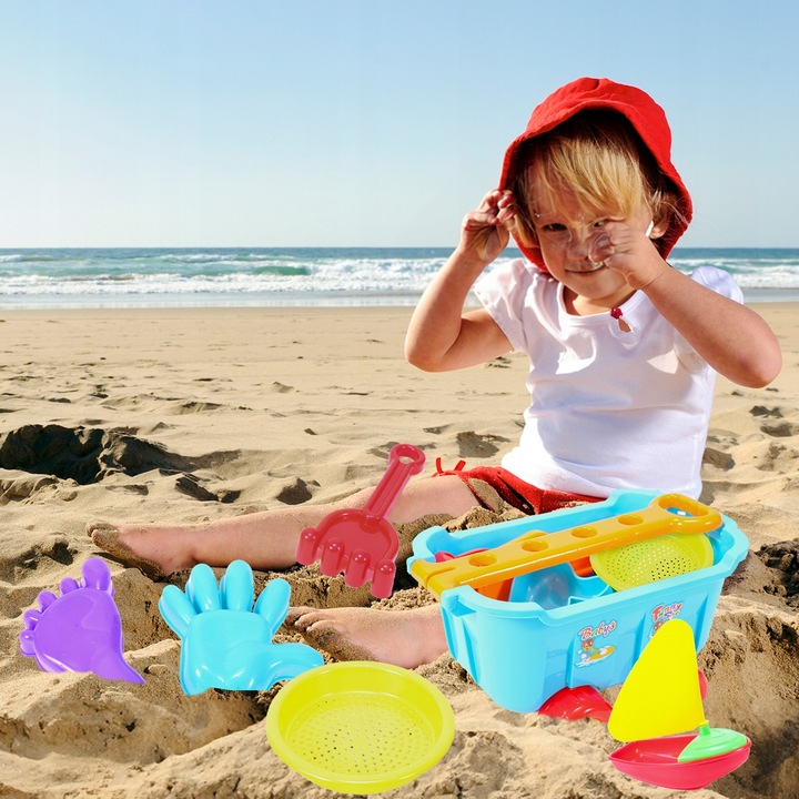 ZESTAW DO ZABAWY W PIASKU PIASKOWNICY WÓZEK TACZKA FOREMKI ŁOPATKI