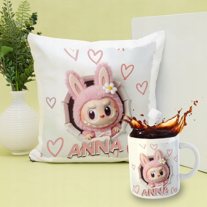 ZESTAW PODUSZKA KUBEK SŁODKI POTWOREK LABUBU LALKA WZORY PREZENT IMIĘ