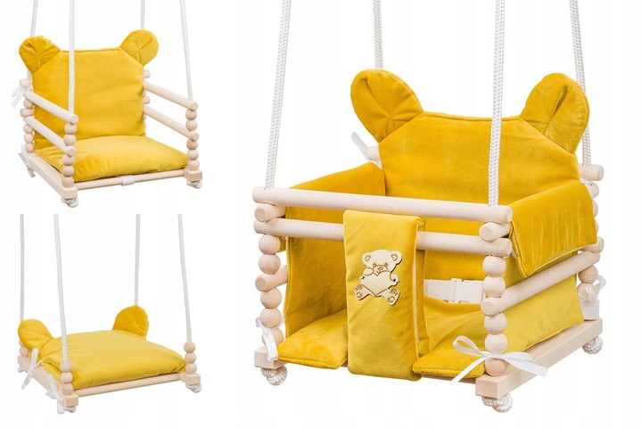 Huśtawka dla dziecka 3w1 z drewna z oparciem 6m+ do domu ogrodu Beżowa