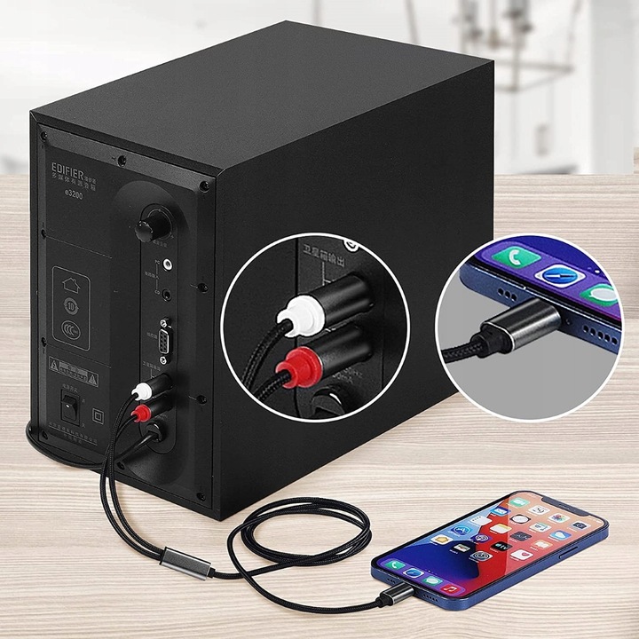 KABEL do IPHONE IPAD do 2x RCA CINCH STEREO do WZMACNIACZA AUDIO PHONO HQ