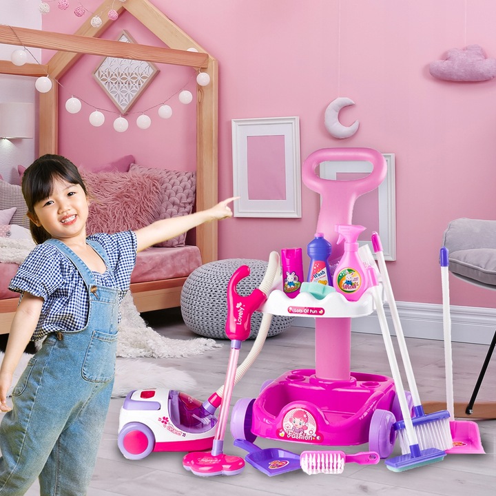 ZESTAW DO SPRZĄTANIA NA WÓZKU Z ODKURZACZEM DŹWIĘK SZCZOTKA MOP DLA DZIECI