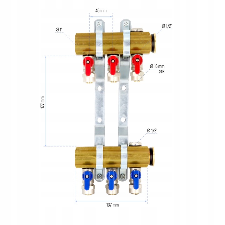 Rozdzielacz C.O. 3 obwodów zaworki PEX odpowietrzniki DO GRZEJNIKÓW