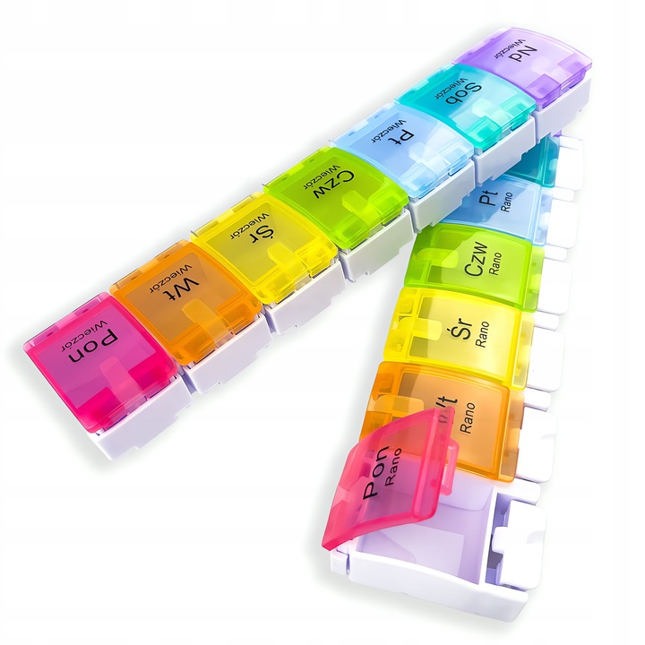 PUDEŁKO NA LEKI 14 POJEMNIKÓW KOLOROWE 7 DNI NAPISY PL