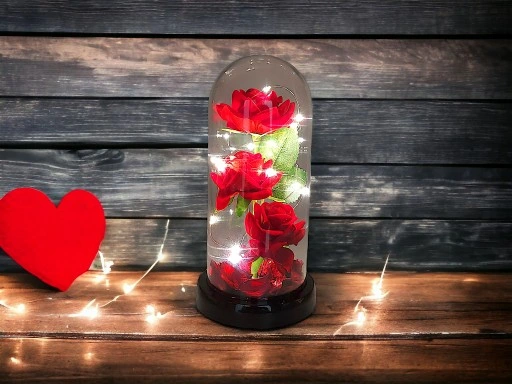 WIECZNA RÓŻA W SZKLE W KOPULE ŚWIECĄCA NA WALENTYNKI LED PREZENT PUDEŁKO