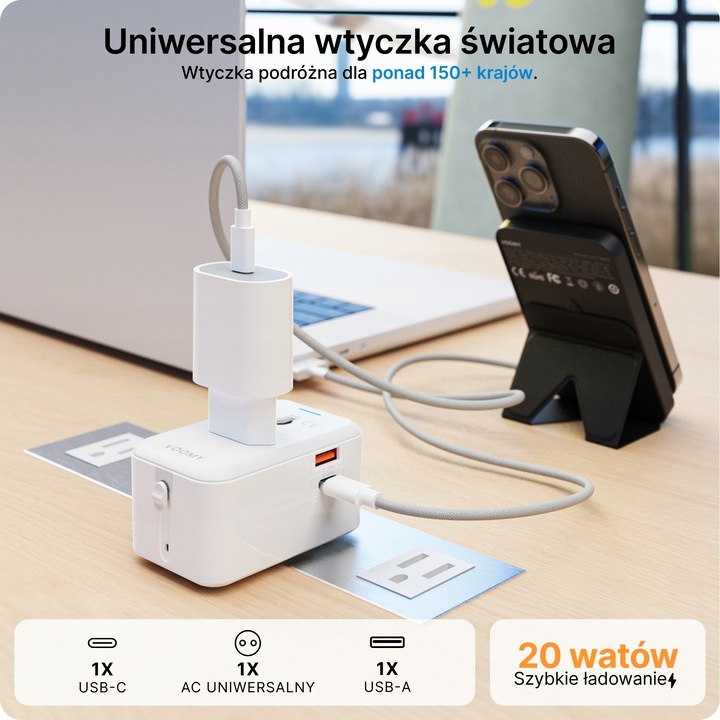 Voomy 20W Uniwersalna Wtyczka Światowa - 150+ krajów - USB-C & USB-A Biała