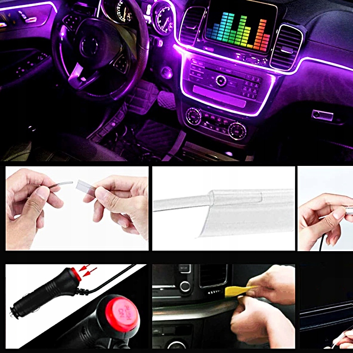 Zestaw Oświetlenia Do Wnętrza Auta Światłowód Ambiente RGB 7M Aplikacja