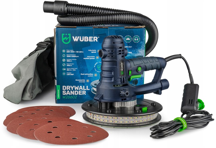 SZLIFIERKA DO GIPSU GŁADZI 180MM SIECIOWA Z TAŚMĄ LED + 6 PAPIERÓW