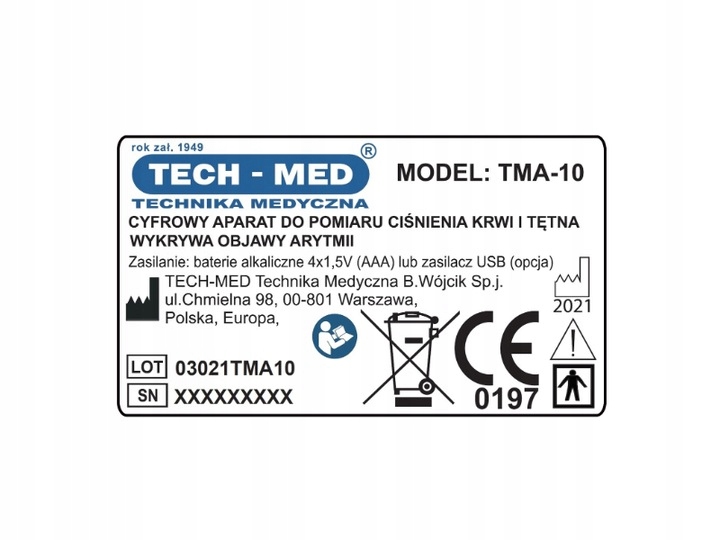 CIŚNIENIOMIERZ NARAMIENNY TECH-MED TMA-10 ARYTMIA PODŚWIETLANY EKRAN ETUI