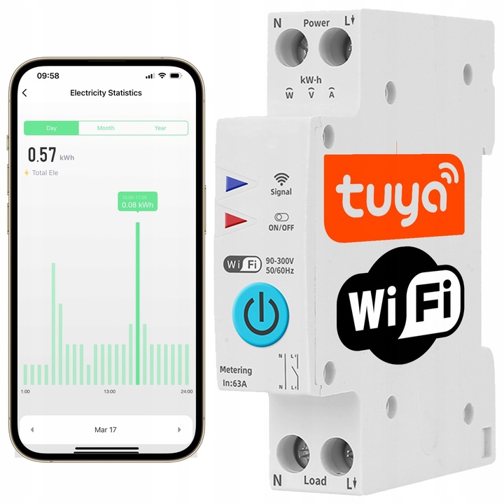 Przekaźnik WiFi 16A z pomiarem prądu mocy na szynę DIN TUYA Smart Life