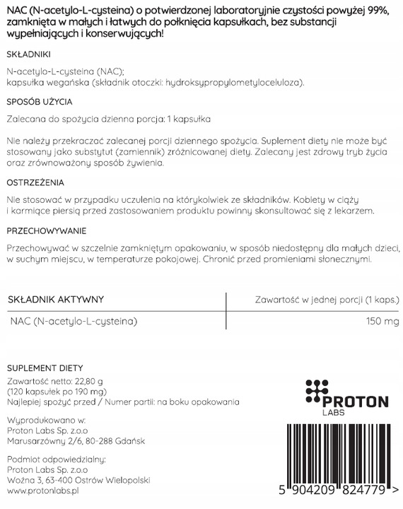 Proton Labs NAC 99,52% czysta N-ACETYLO L-CYSTEINA 150mg 120kaps Detox