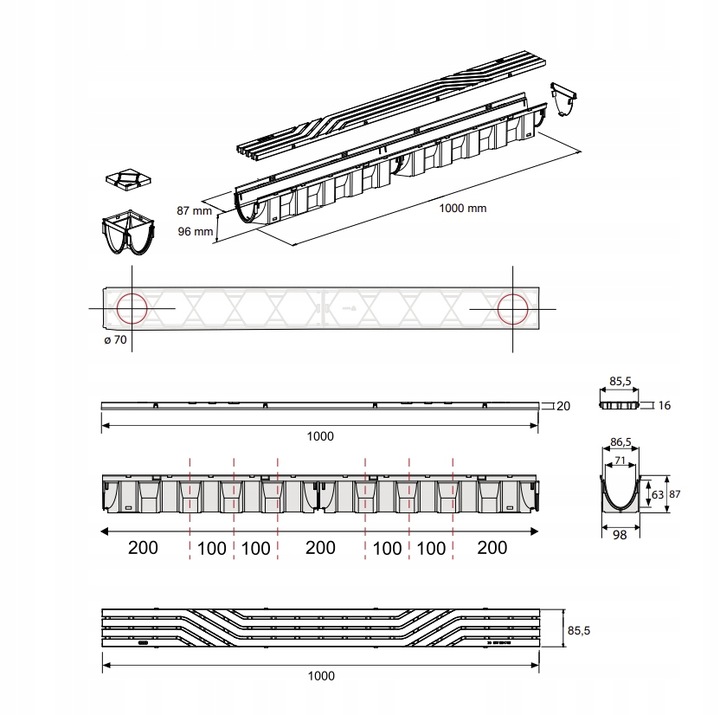 Odpływ liniowy do Garażu 3m x96x87mm do 1,5 Tony SLIM Kratka Czarna Z