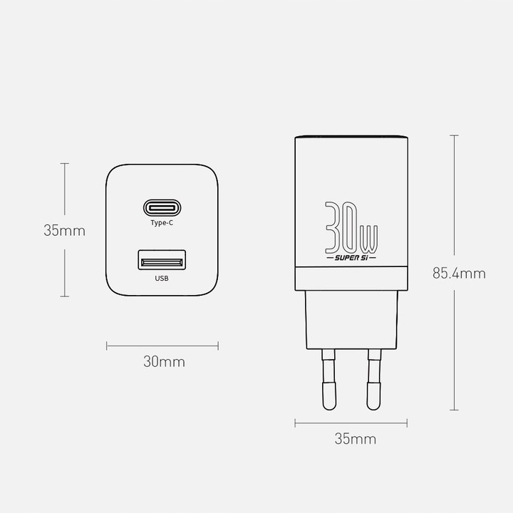 BASEUS SZYBKA ŁADOWARKA SIECIOWA DO TELEFONU 2X USB USB-C 30W PD AFC QC 3.0