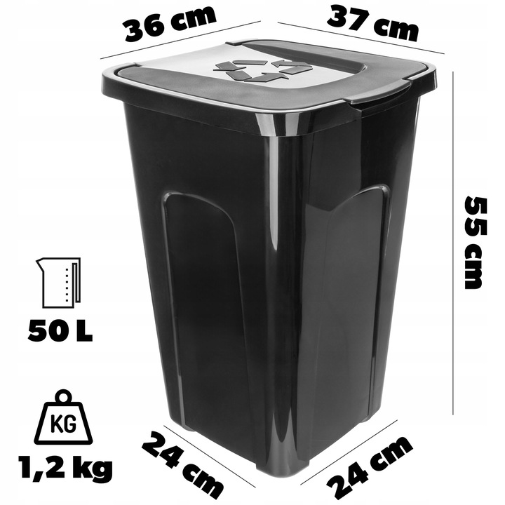 KOSZ NA ŚMIECI ODPADY POJEMNIK DO SEGREGACJI 50L KUBEŁ CZARNY KONTENER