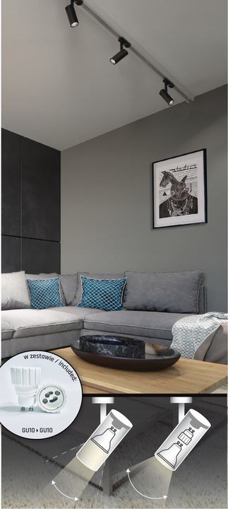 REFLEKTOR GU10 NA SZYNĘ 3FAZY BLACK-2 KĄTY ŚWIATŁA