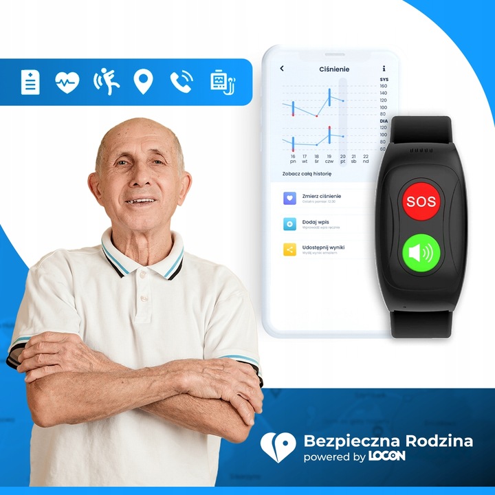 OPASKA DLA SENIORA LOKALIZATOR GPS CZUJNIK UPADKU TĘTNO PRZYCISK SOS