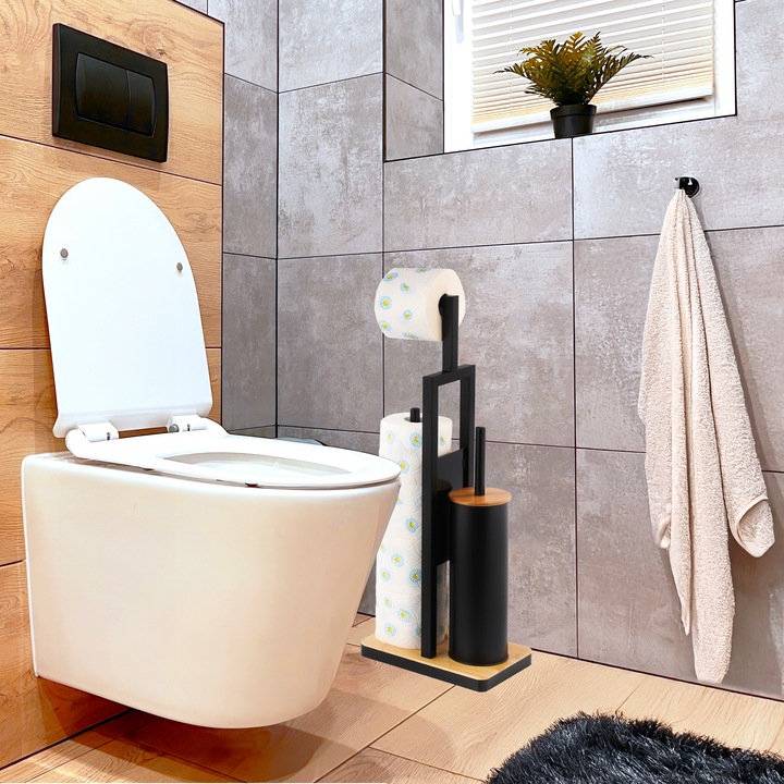 Stojak uchwyt wieszak na papier toaletowy i szczotkę do WC czarny