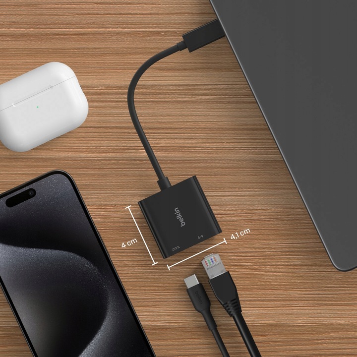 Adapter z ładowaniem USB-C PD 3.0 100W do GB Ethernet, Belkin przejściówka