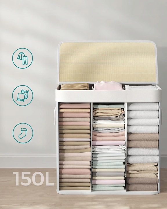 Kosz wolnostojący na pranie na bieliznę 150l biały bambusowy