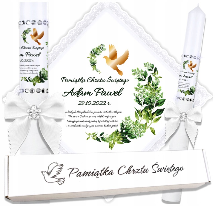 Biała szatka i świeca do chrztu ECO imię i data BOHO gromnica pudełko