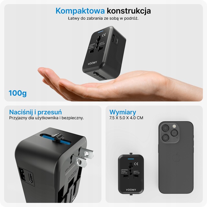 Przejsciowka adapter wtyczka angielska VOOMY, 1x USB-C & 1x USB-A, Czarna