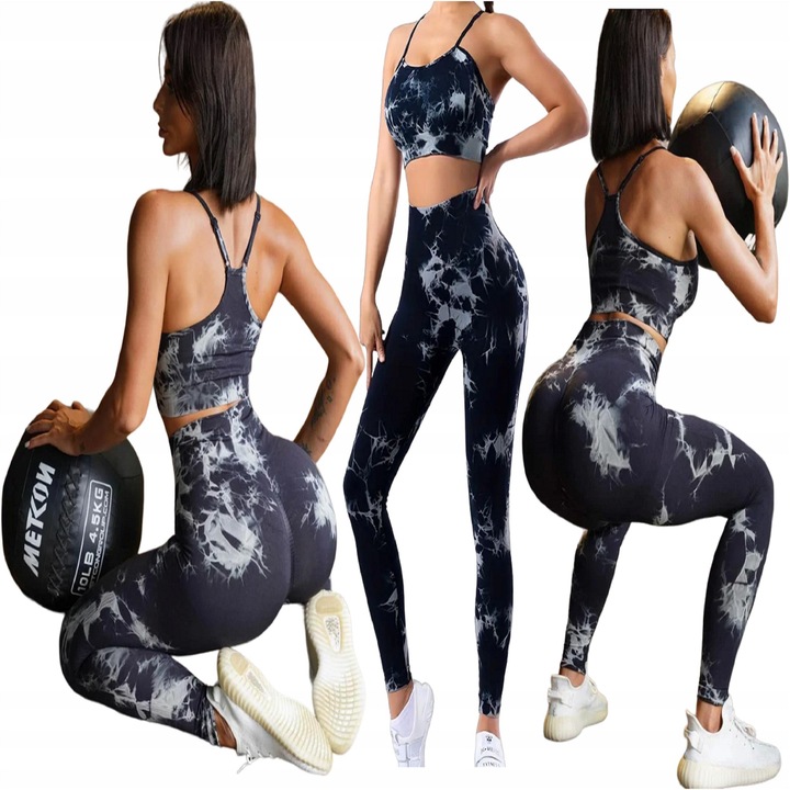 LEGGINSY SPORTOWE CZARNE DAMSKIE PUSH UP KOMPLET Stanik i Leginsy Top GYM L