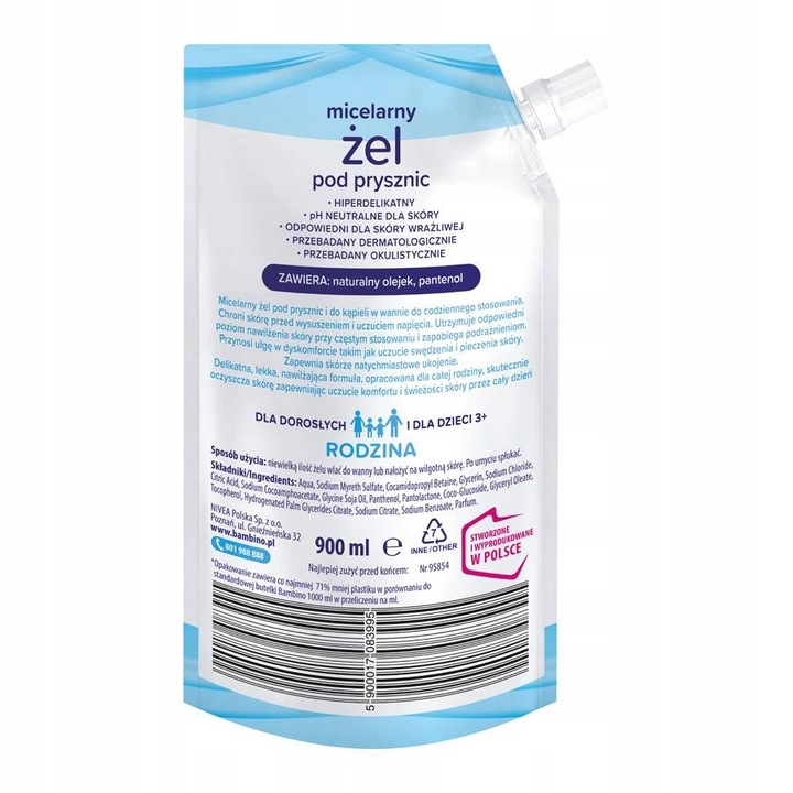 Bambino Rodzina Żel pod Prysznic Micelarny Refill 900ml Zapas x3