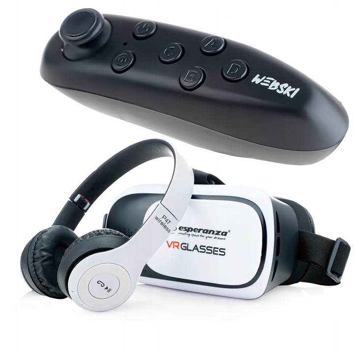 ZESTAW GOGLE VR 360 OKULARY 3D DO TELEFONU Z KONTOLEREM BT I SŁUCHAWKAMI