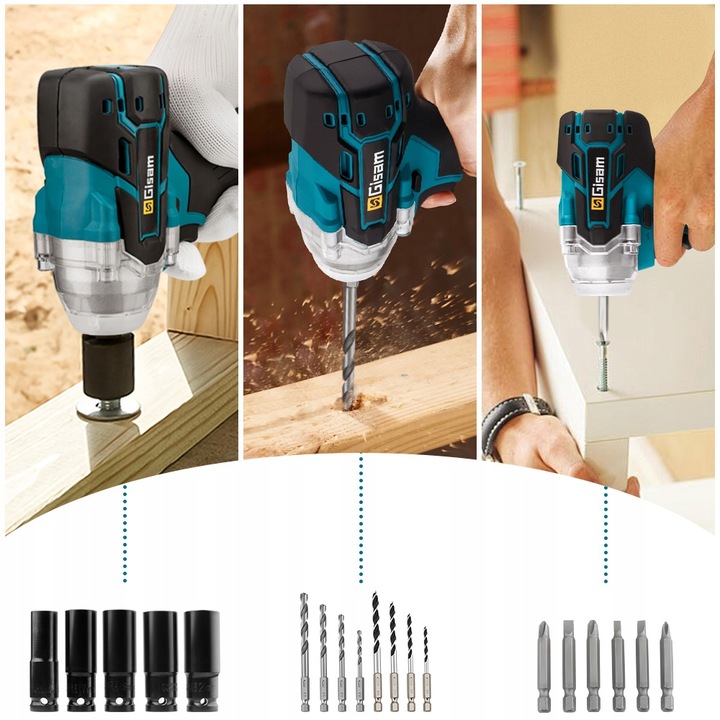 Bezszczotkowy klucz/wkrętarka udarowa 3 w 1 - akumulator, bateria i