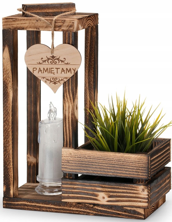 LAMPION drewniany z doniczką NA CMENTARZ STROIK baza na ŚWIĘTA GRÓB +
