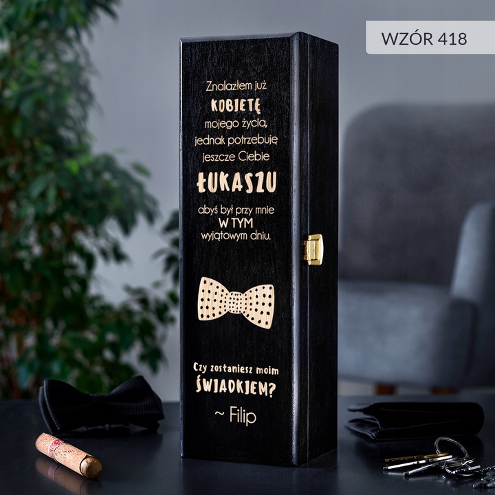 PROŚBA O ŚWIADKOWANIE SKRZYNKA NA WINO Z GRAWEREM PREZENT DLA ŚWIADKA IMIĘ