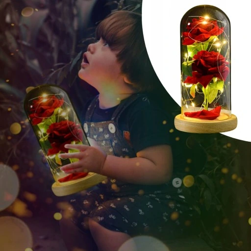 WIECZNA RÓŻA W SZKLE ŚWIECĄCA LED PREZENT PUDEŁKO NA WALENTYNKI DZIEŃ BABCI