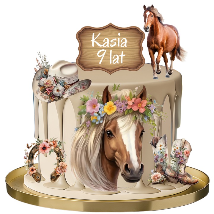 WYDRUK CUKROWY KOŃ KONIE NA TORT POSTACI DEKORACJA MASA 6el + GRATIS TEKST