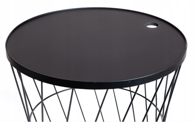STOLIK KAWOWY METALOWY KOSZ DRUCIANY Z POKRYWĄ OKRĄGŁY CZARNY OZDOBNY