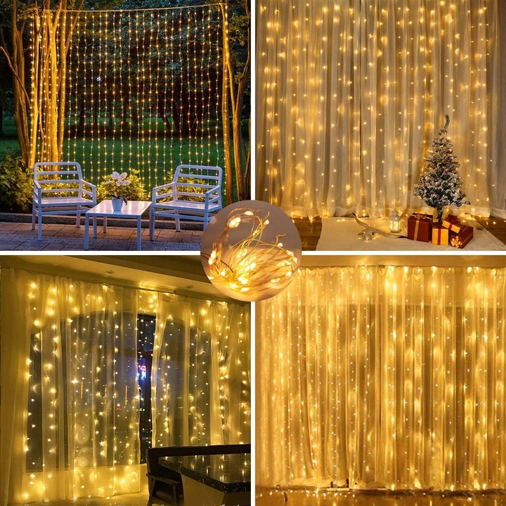 KURTYNA ŚWIETLNA 200 LED DRUCIKI 2x2m BIAŁY CIEPŁY 200L USB PILOT