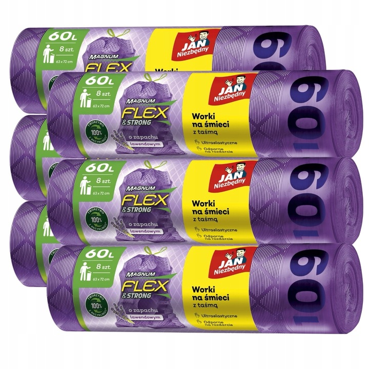 6X WORKI NA ŚMIECI Z TAŚMĄ 60L 6X8 SZT LAWENDOWE MAGNUM FLEX JAN