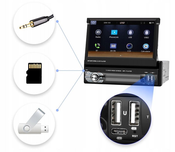 RADIO SAMOCHODOWE 1DIN 7'' BT WYSUWANY EKRAN DOTYKOWY MIRROR LINK