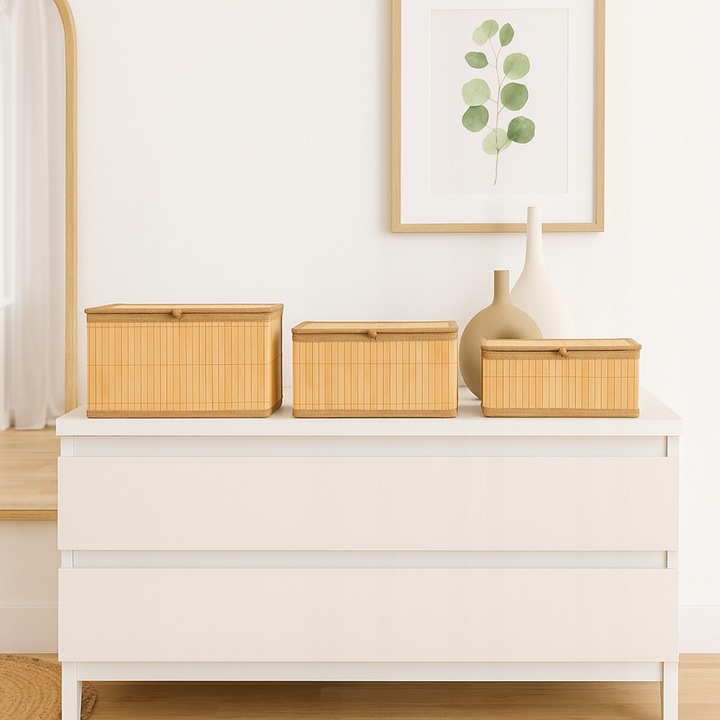 3x ORGANIZER BAMBUSOWY NA BIURKO KOSMETYKI 3 POJEMNIKI PUDEŁKA DO