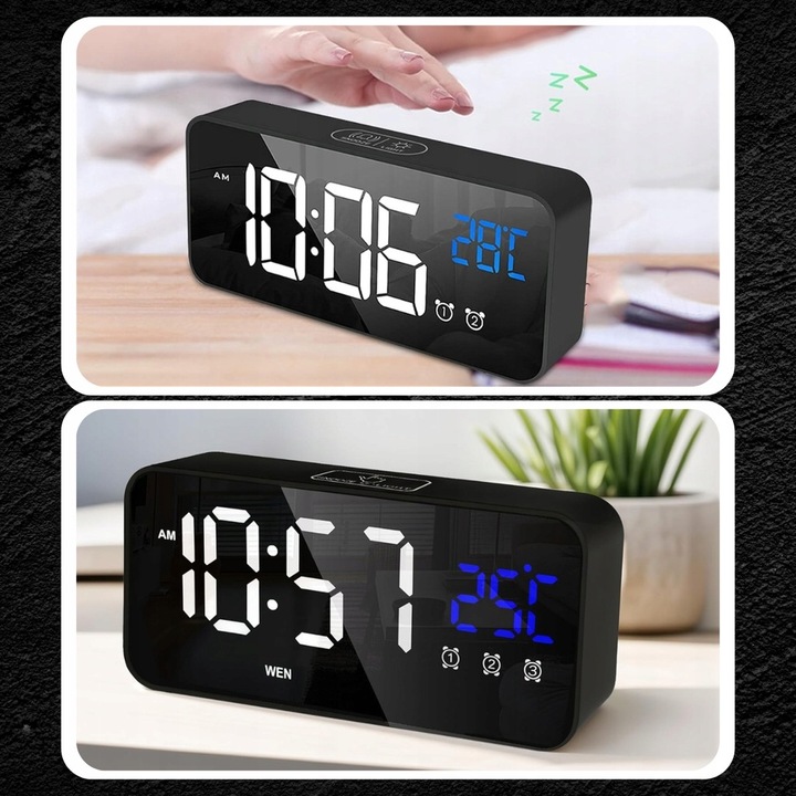 BUDZIK ELEKTRONICZNY ZEGAR LED CYFROWY STOJĄCY TERMOMETR ALARM DATA + USB