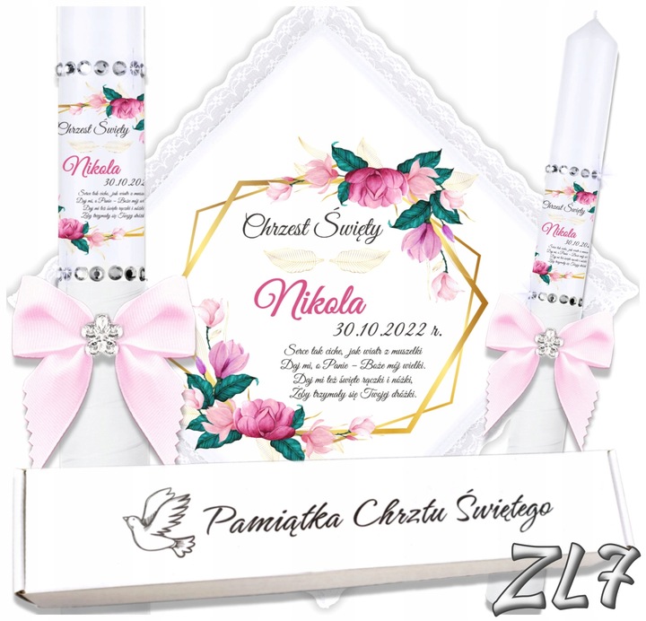 Biała szatka i świeca do chrztu ECO imię i data BOHO gromnica pudełko