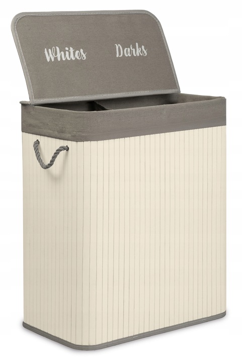 BAMBUSOWY KOSZ NA PRANIE BIELIZNĘ DUŻY POJEMNIK Z POKRYWĄ 2 KOMORY 100L