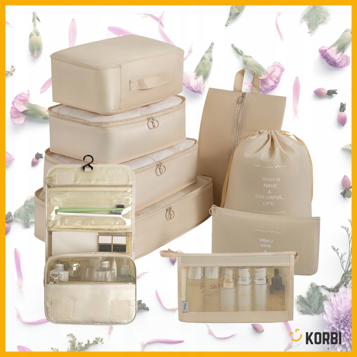 ZESTAW ORGANIZERÓW ORGANIZER PODRÓŻNY WALIZKI SZAFY UBRAŃ KOMPLET 8szt BEŻ