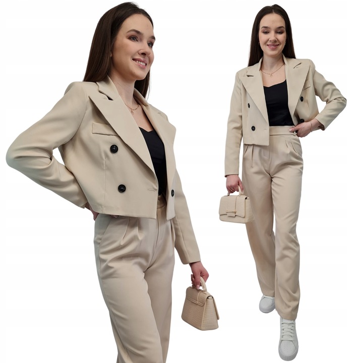 Modna MARYNARKA KRÓTKA Beżowa, Nowoczesny Żakiet Damski do Garnituru, r. L