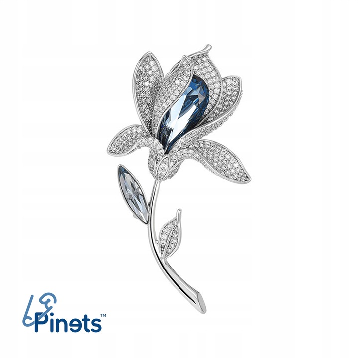 PINETS Piękna Srebrna Broszka KWIAT z niebieską cyrkonią
